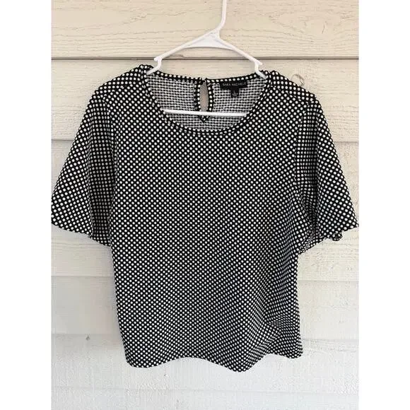 Sara Michele Black White Polka Dot Blouse Size Large Short Sleeve Top - Picture 2 of 7